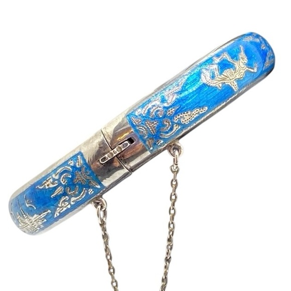 Mythical Thailand Sterling Hinged Bangle – Gold Etching on Blue Enamel - Picture 4 of 10